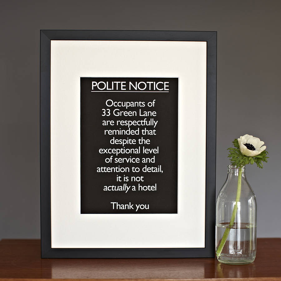 personalised framed 'polite notice…hotel' by catherine colebrook