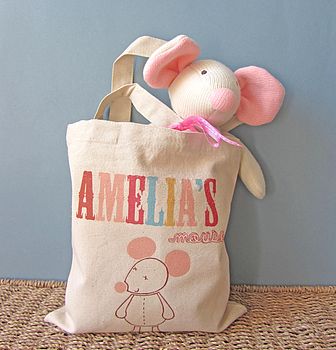 personalised tote bag with knitted mouse by fora creative