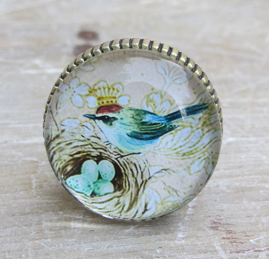 set of four glass and brass bird knobs by horsfall & wright