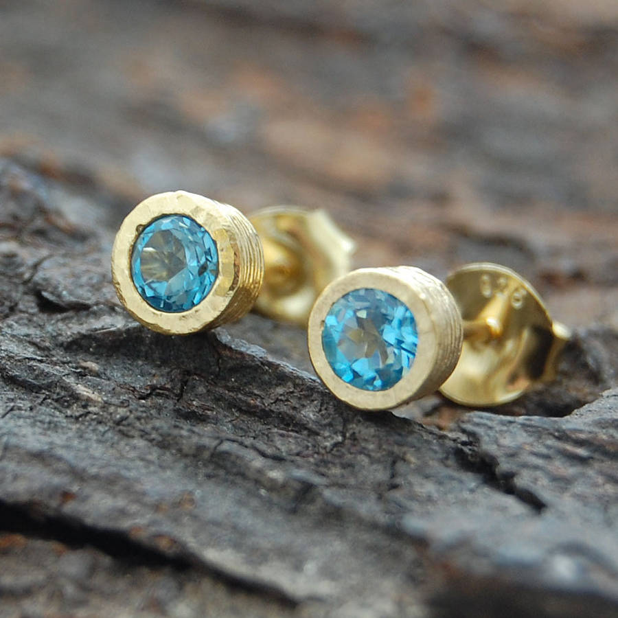 blue topaz round gold stud earrings by embers gemstone jewellery