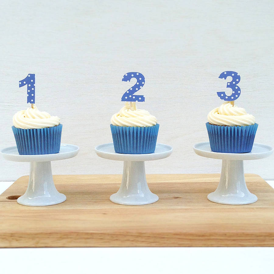 12 blue spotty number cupcake toppers by wit & wisdom
