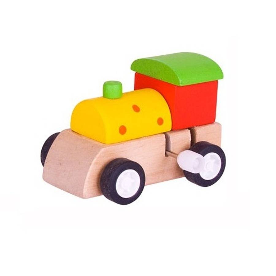 set of three wooden train wind up toys by british and bespoke