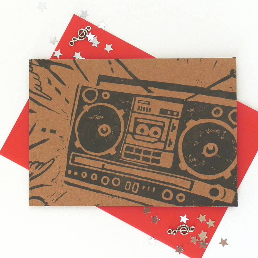 boombox linocut card by woah there pickle