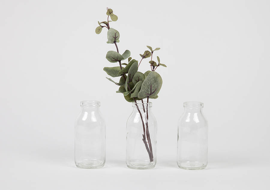 set of three mini glass milk bottle vases by horsfall & wright