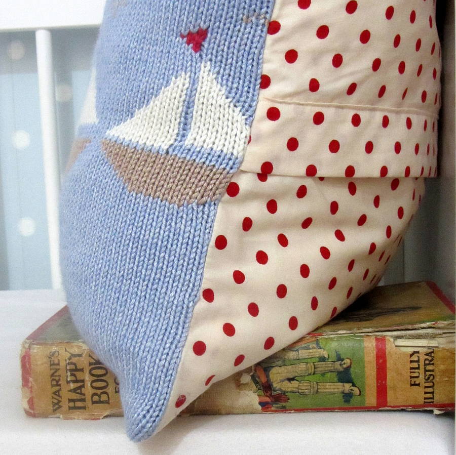 personalised knitted boats cushion by smitten