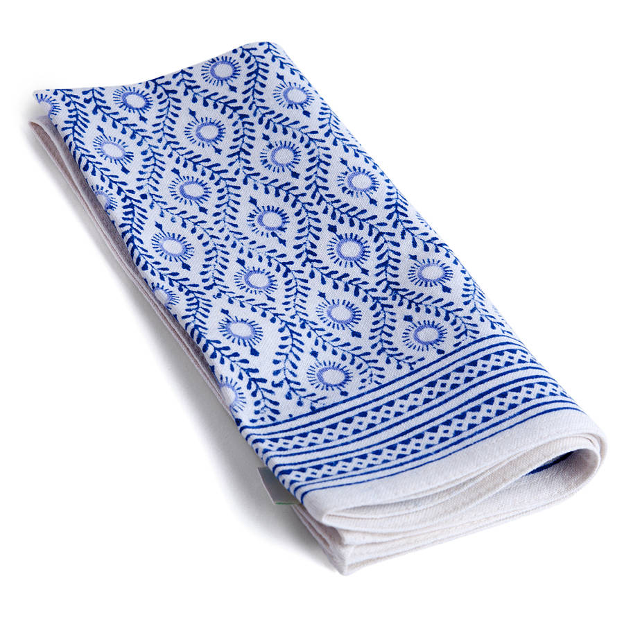 blue and white block print napkin by home address | notonthehighstreet.com