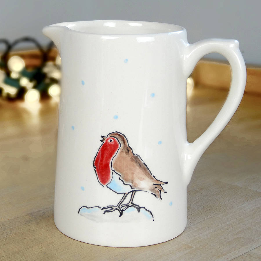 hand painted farmhouse christmas robin jug by fired arts and crafts