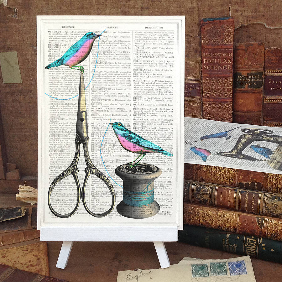 sewing birds scissors vintage art page print by roo abrook