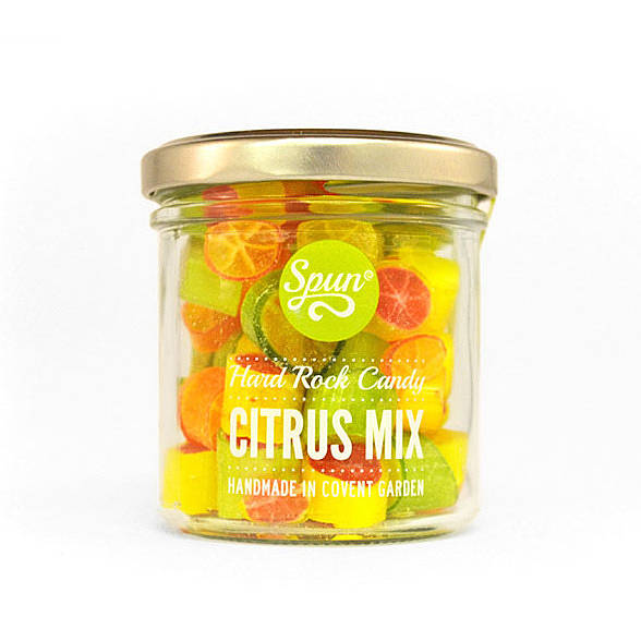 citrus mix hard rock candy in a jar by spun candy