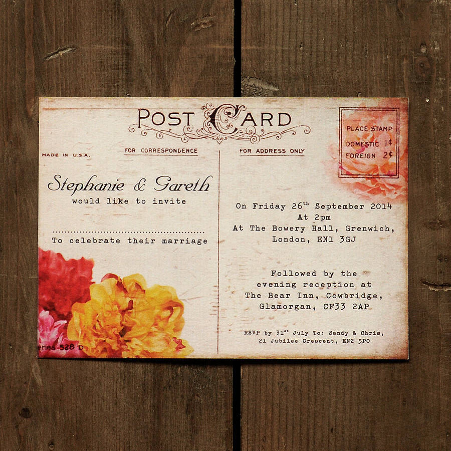 floral vintage postcard wedding invitation by feel good wedding