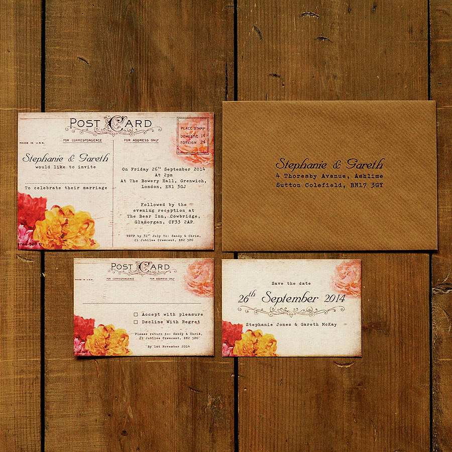 floral vintage postcard wedding invitation by feel good