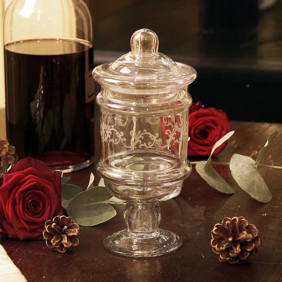 etched footed glass jar with lid by dibor
