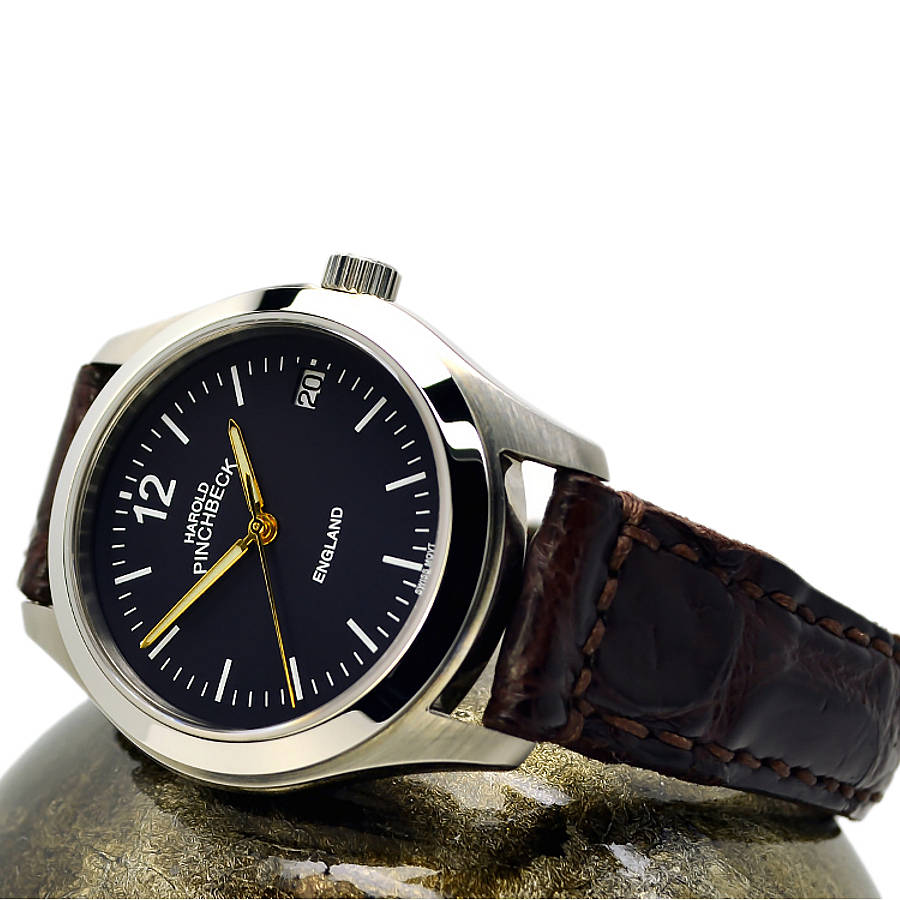 automatic watch with blue dial by harold pinchbeck