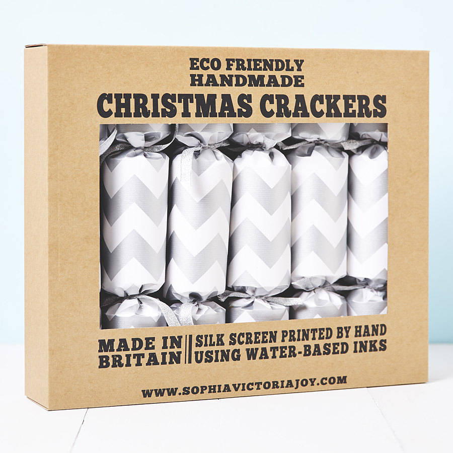 silver chevron white christmas crackers by sophia victoria joy