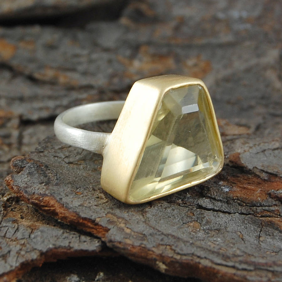 gold lemon quartz geometric cocktail ring by embers gemstone jewellery