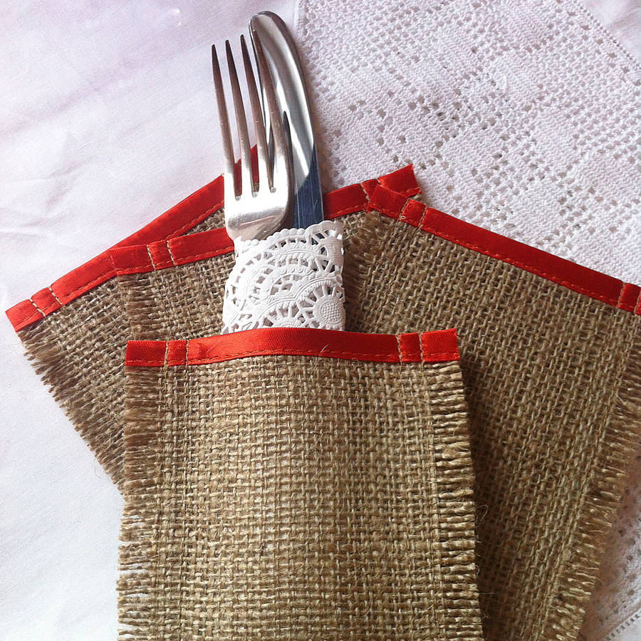 hessian and satin wedding cutlery sleeve by baloolah bunting