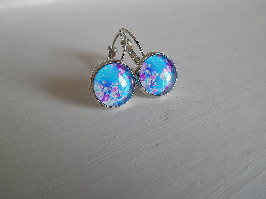 cabochon glass earrings blue floral design by florrie & boo