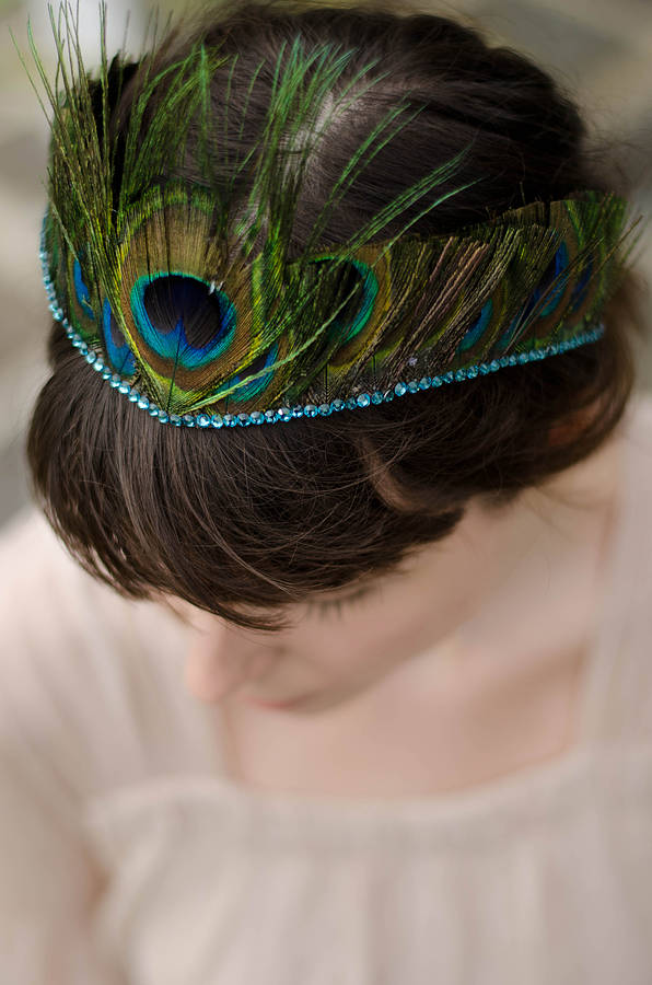peacock feather tiara with crystal edge by holly young millinery