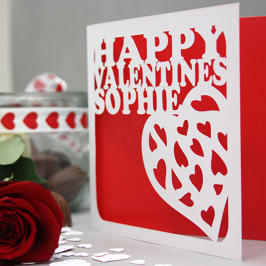 personalised valentines cut out card by whole in the middle