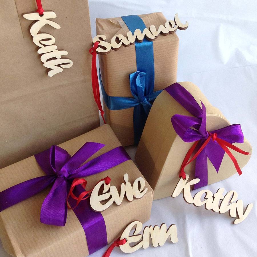 personalised natural wood name gift tags by hickory dickory designs