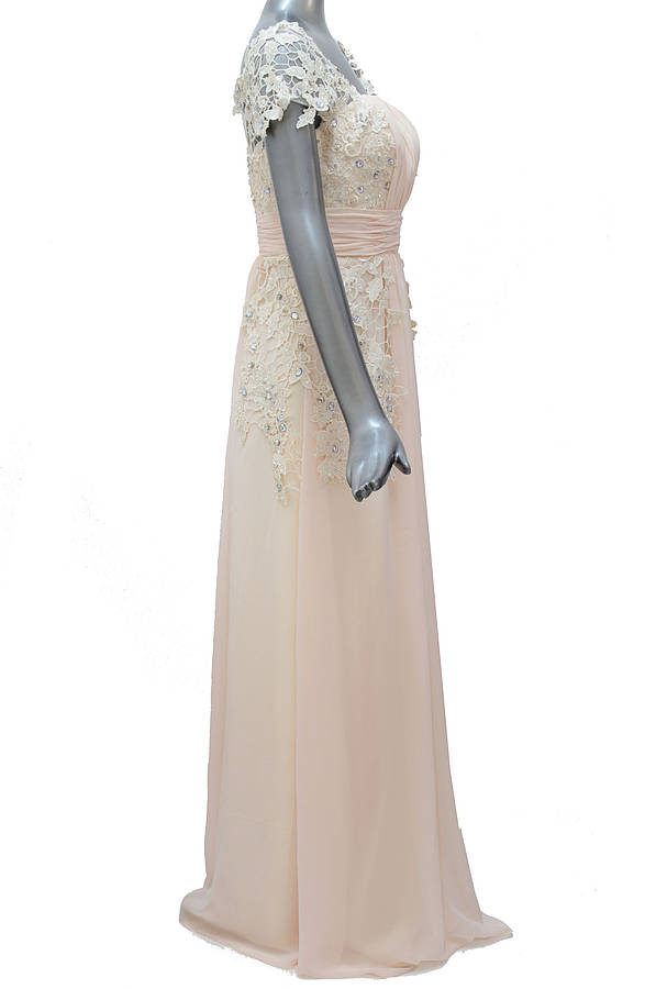 embroidered beige chiffon evening dress by elliot claire london