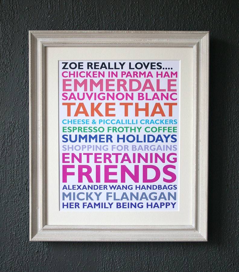 personalised 'favourite things' framed print by rael & pappie