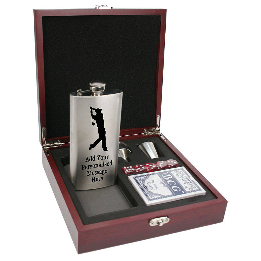 engraved hip flask golf design gift set by
