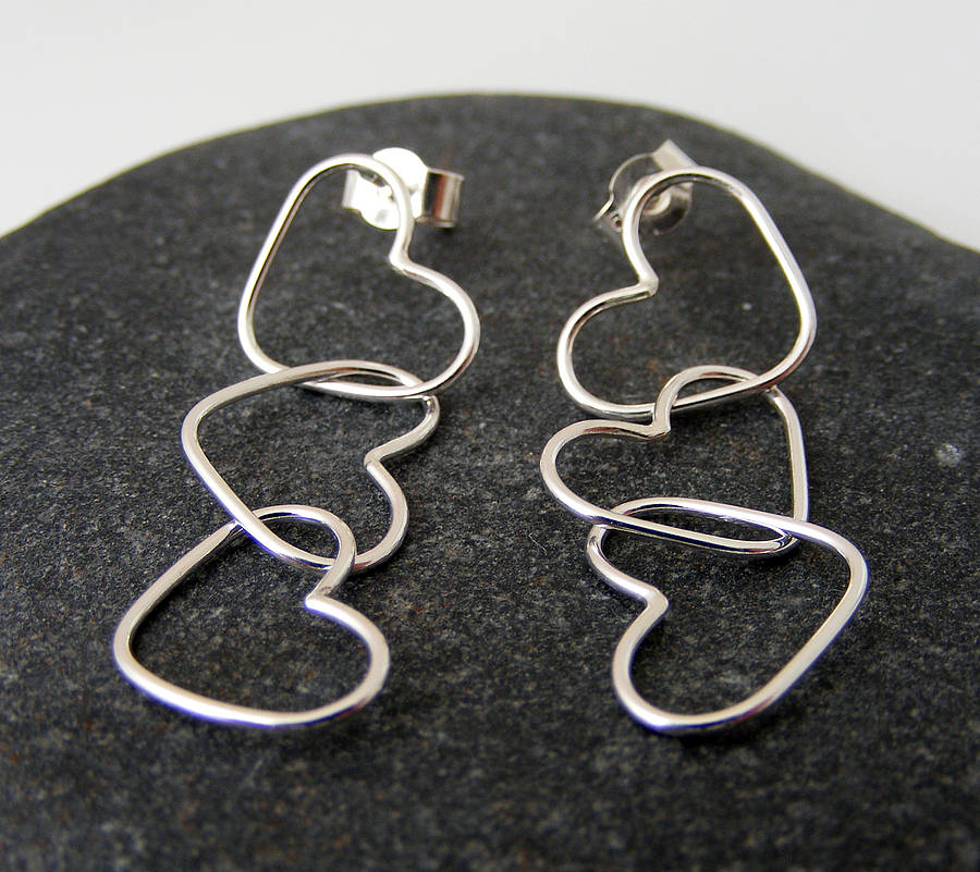 silver triple heart dangle earrings by tanya garfield jewellery