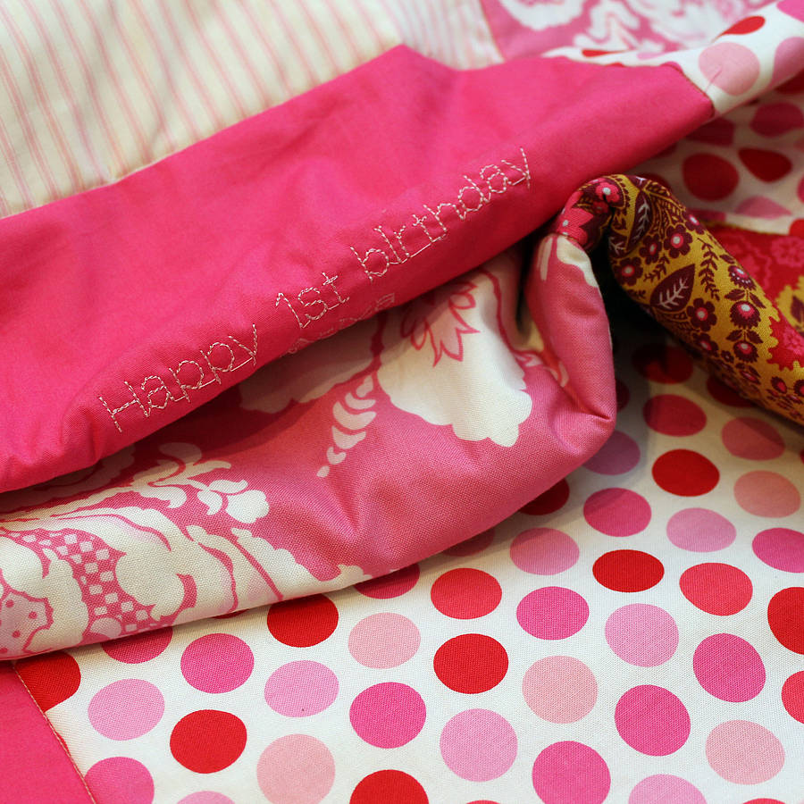 personalised embroidered message quilt by 2 green monkeys