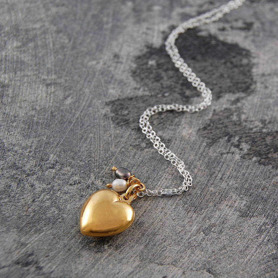 18k yellow gold puffed heart pearl locket necklace by otis jaxon silver