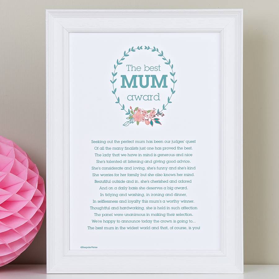 mum award print with mum poem by bespoke verse