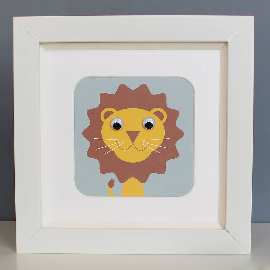 wobbly eyed animal framed nursery prints by stripeycats