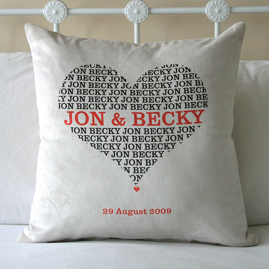 personalised names in heart cushion by a type of design
