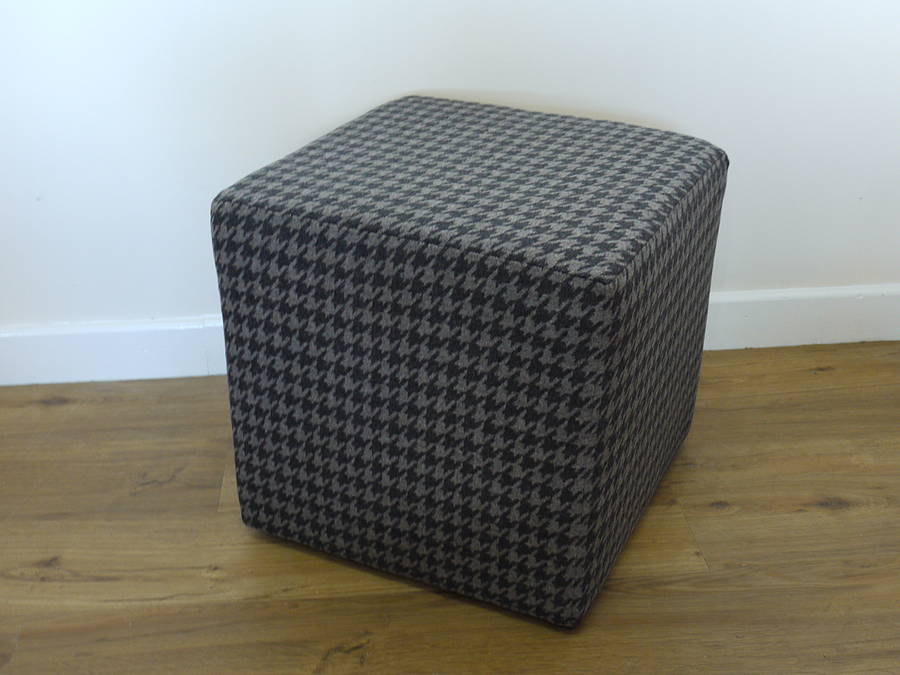 cube footstool in dark grey houndstooth wool by long eaton sofas