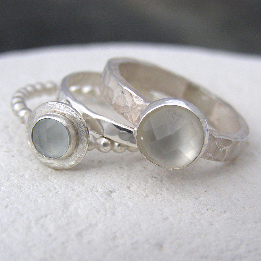 moonstone and aquamarine stacking rings by soremi jewellery