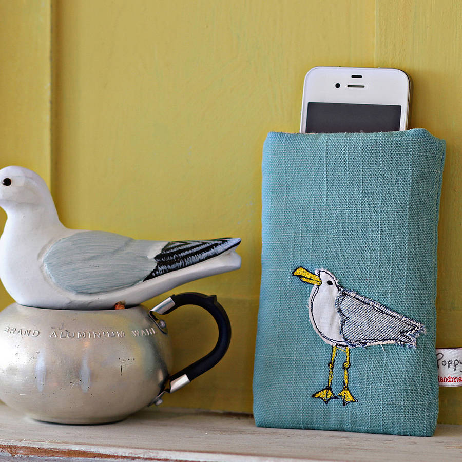 embroidered phone case seagull by poppy treffry