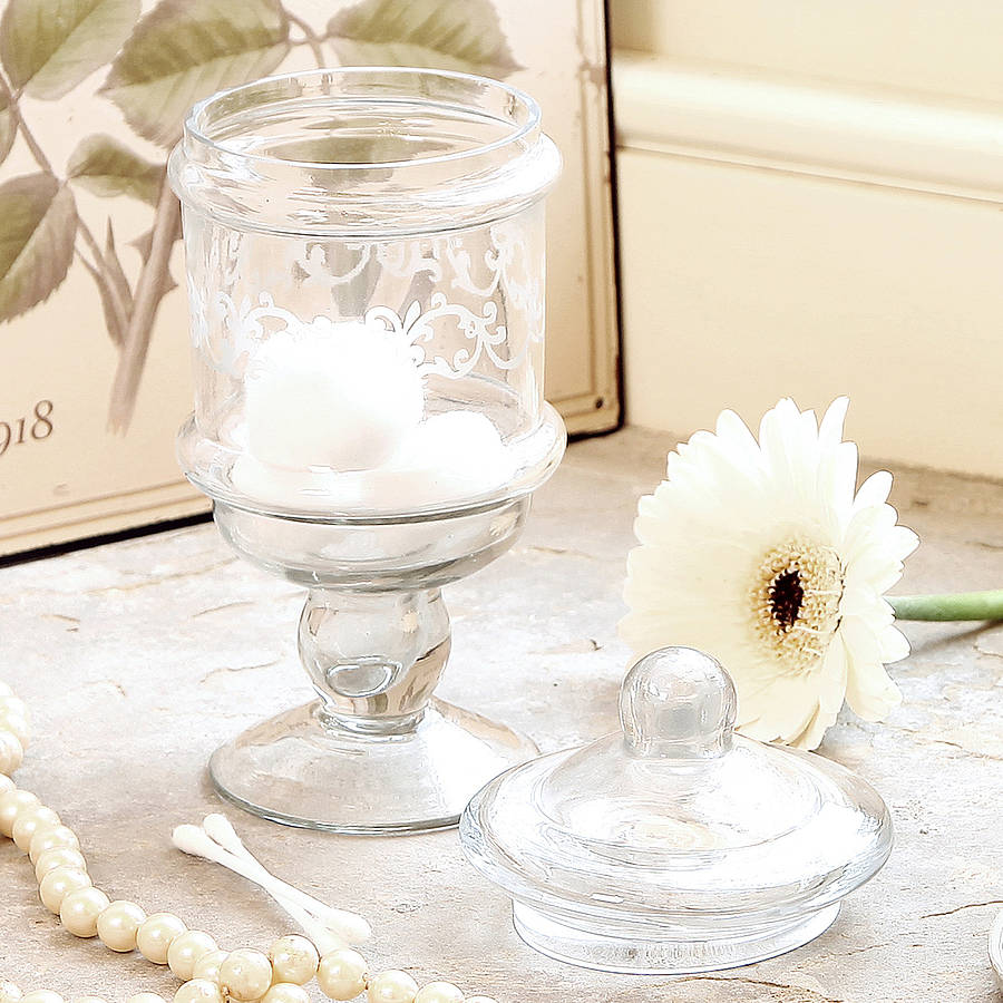 etched footed glass jar with lid by dibor