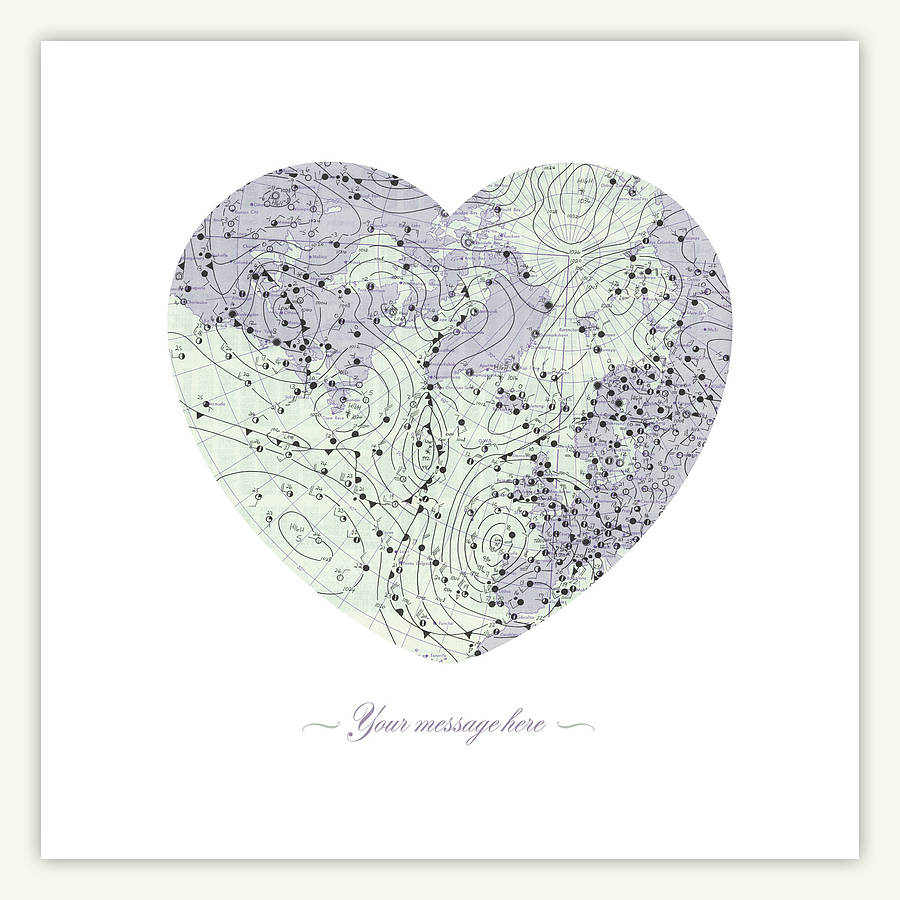 personalised weather map heart print by birthday weather