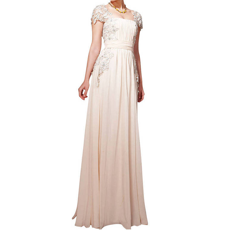 embroidered beige chiffon evening dress by elliot claire london