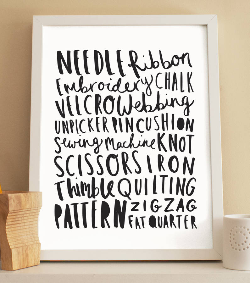 sewing and knitting words print by old english company