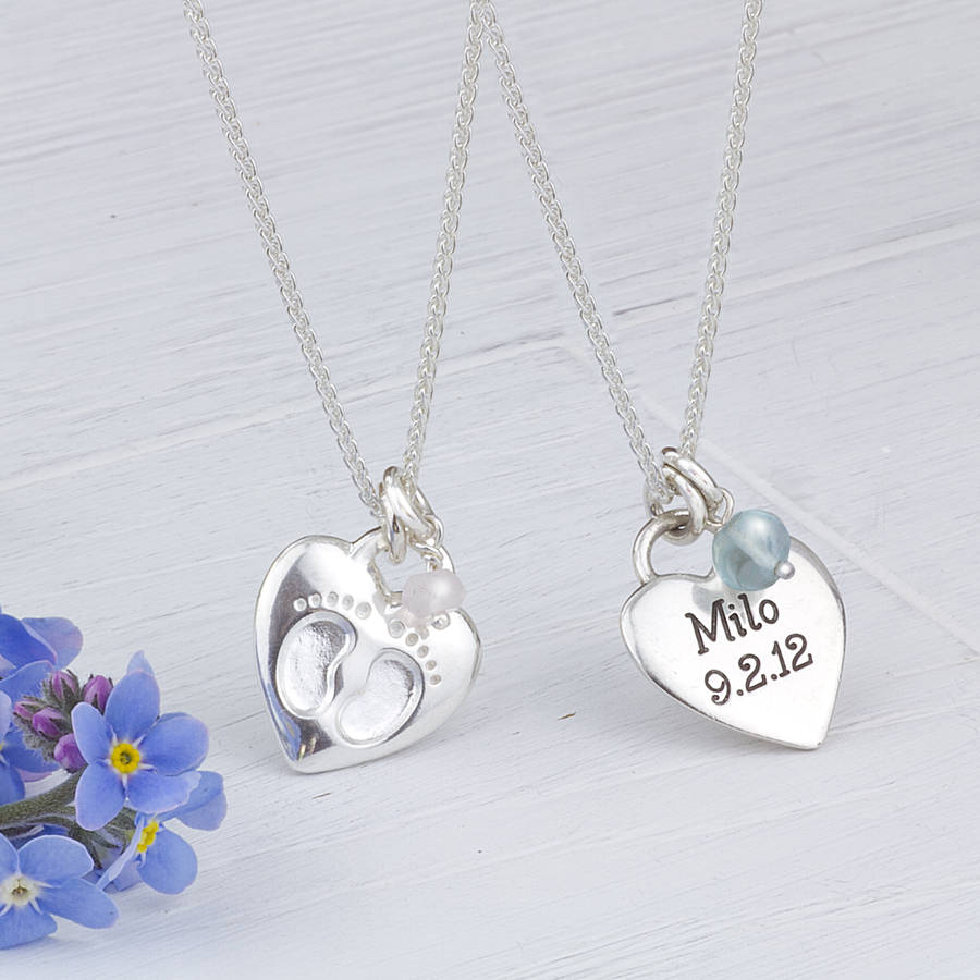 silver new baby footsteps personalised necklace by scarlett jewellery
