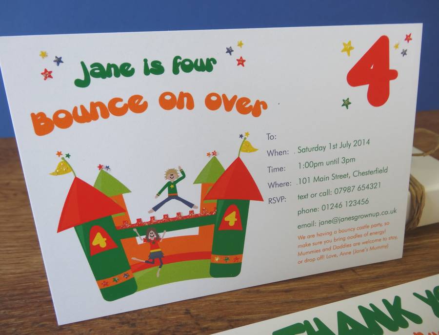 bouncy castle party invitation or thank you card by little fish events
