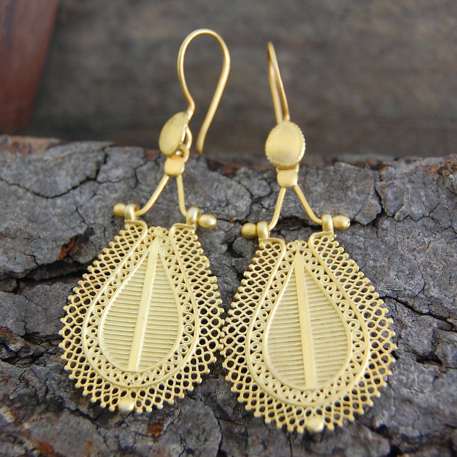 intricate teardrop balinese filigree gold earrings by embers gemstone