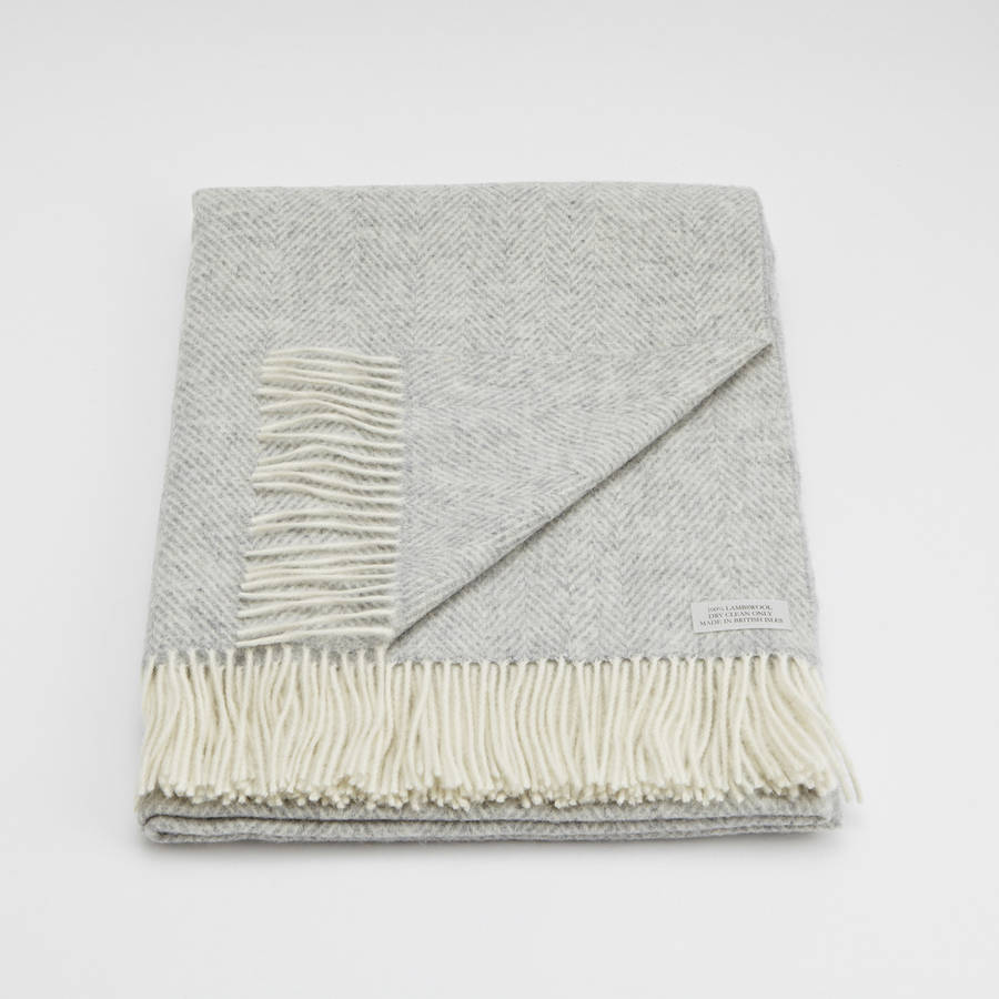 merino lambswool light grey herringbone throw by bottle green homes