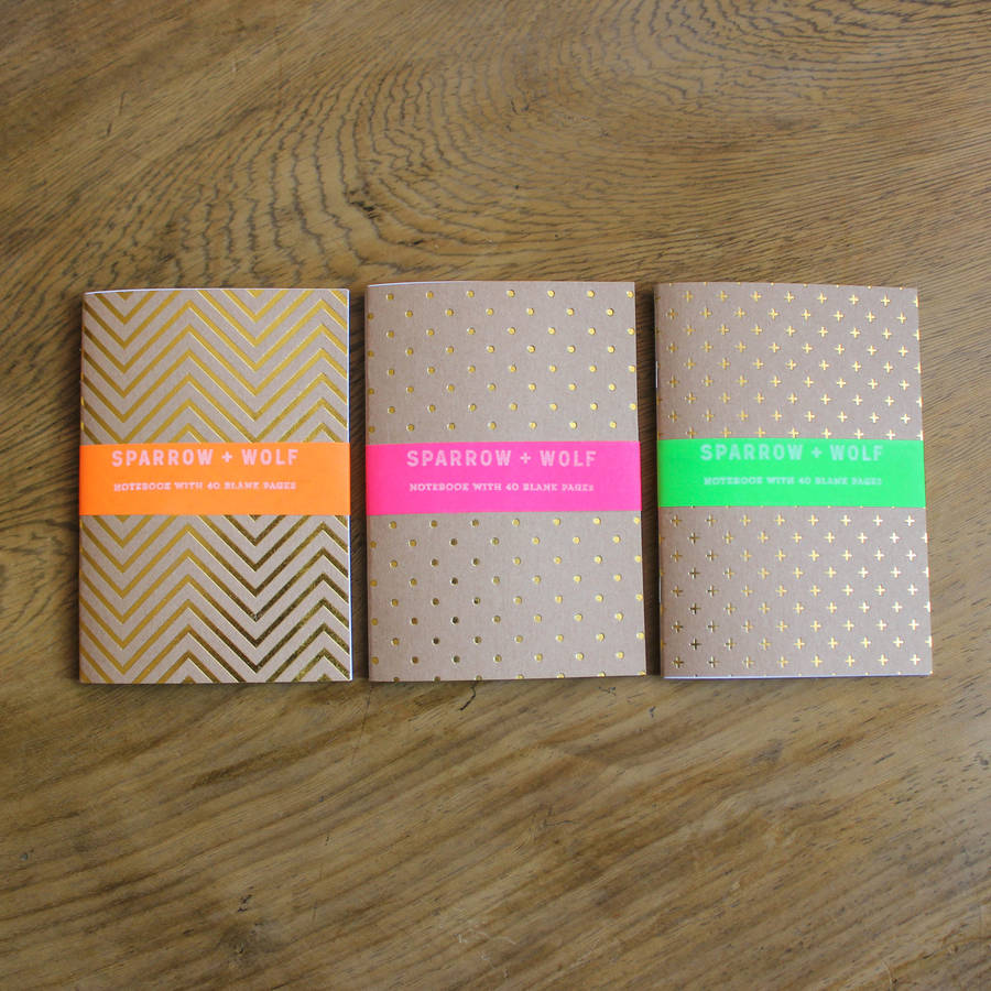 set of three gold notebooks/travel journals by sparrow and wolf