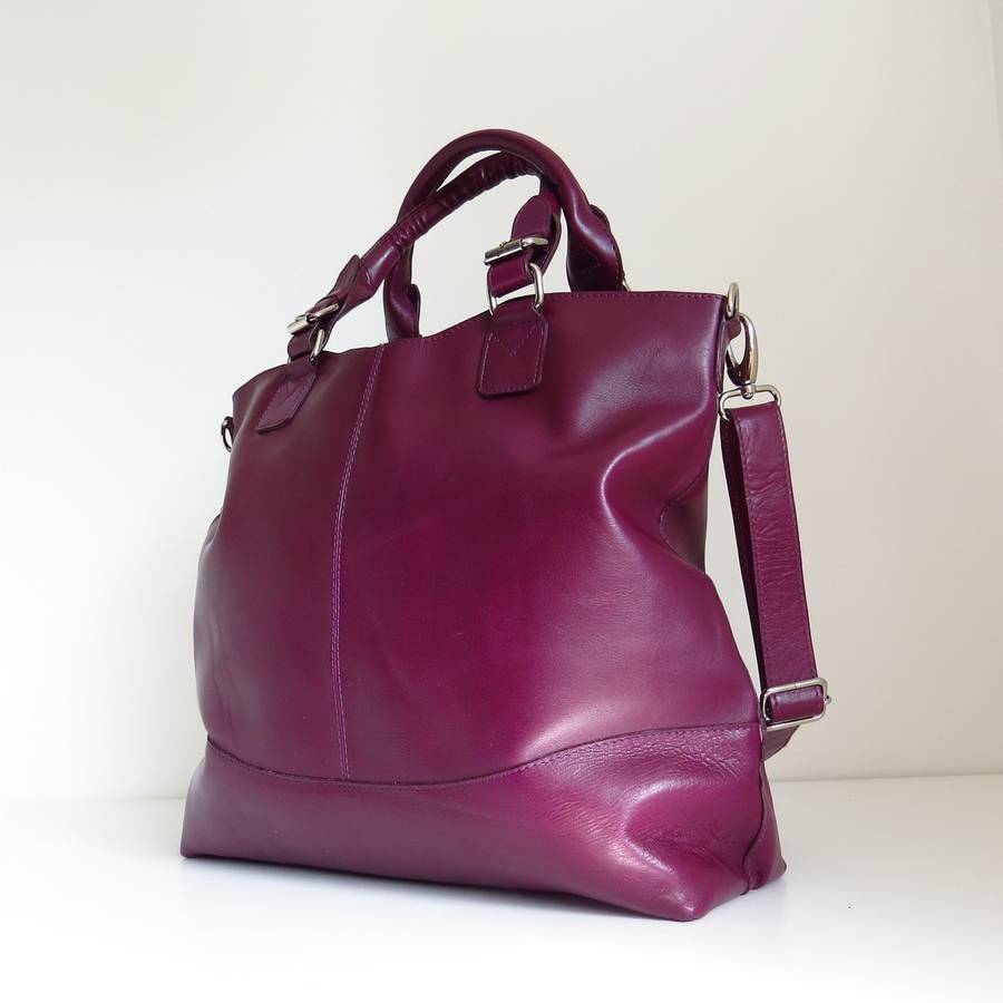purple leather classic tote bag by the leather store | 0