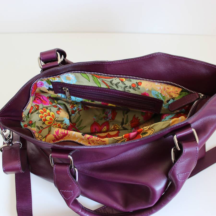 purple leather classic tote bag by the leather store