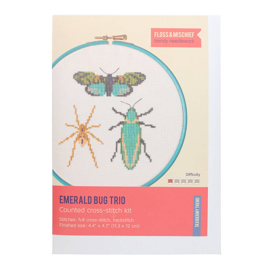 bug trio cross stitch kit by floss & mischief