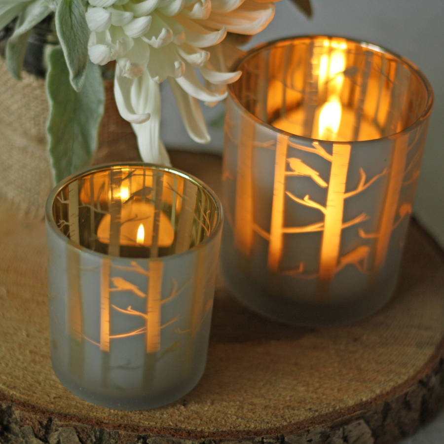 frosted glass tea light holders with gold branches by the wedding of my