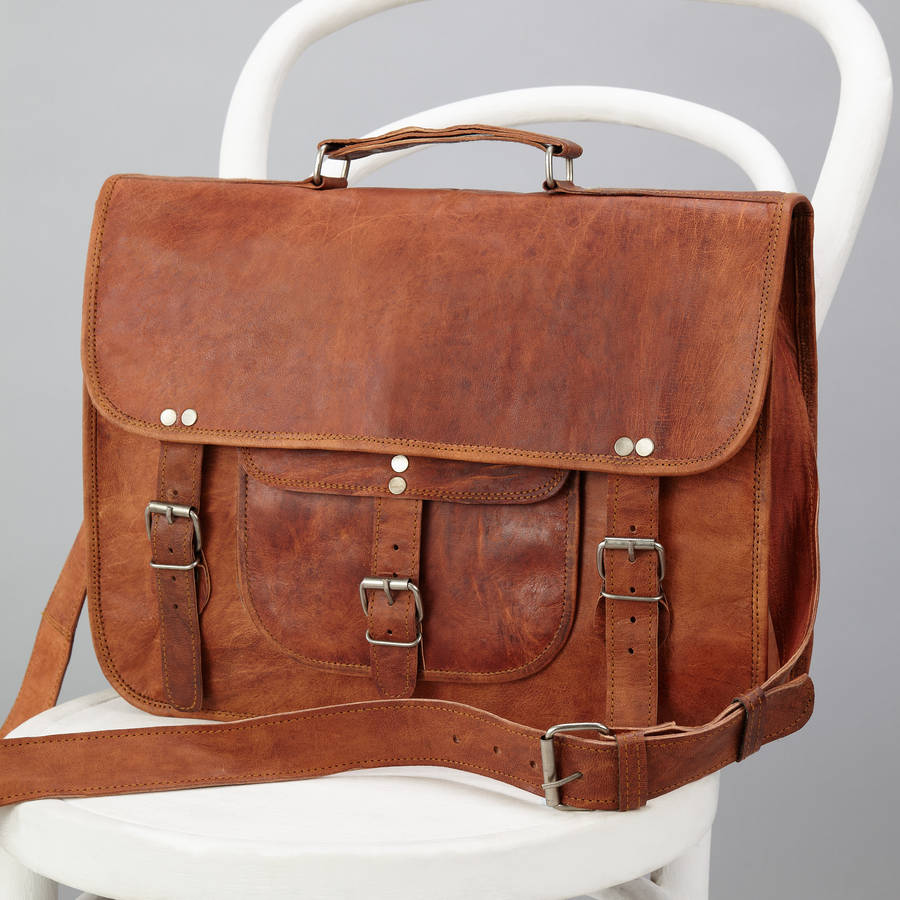 classic leather laptop bag with handle and pocket by vida vida